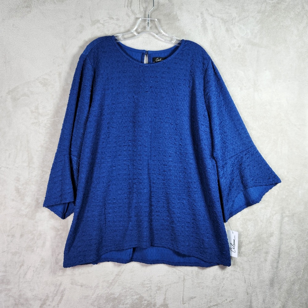 Calessa Top Womens 1X Blue‎ Crinkle Knit Bell Sleeve Keyhole Contemporary Office
